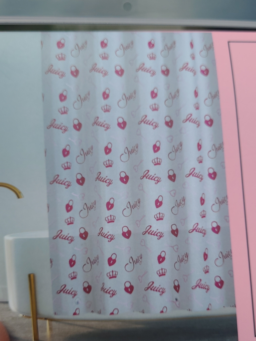 Juicy Couture Pink and White Printed Shower Curtain